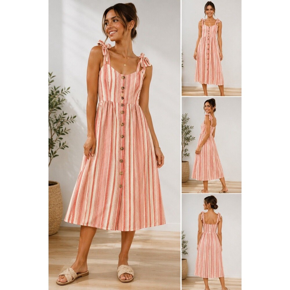 Jodie Kristopher Striped Tie Strap Button Front Midi Dress Womens Small Boho Y2K